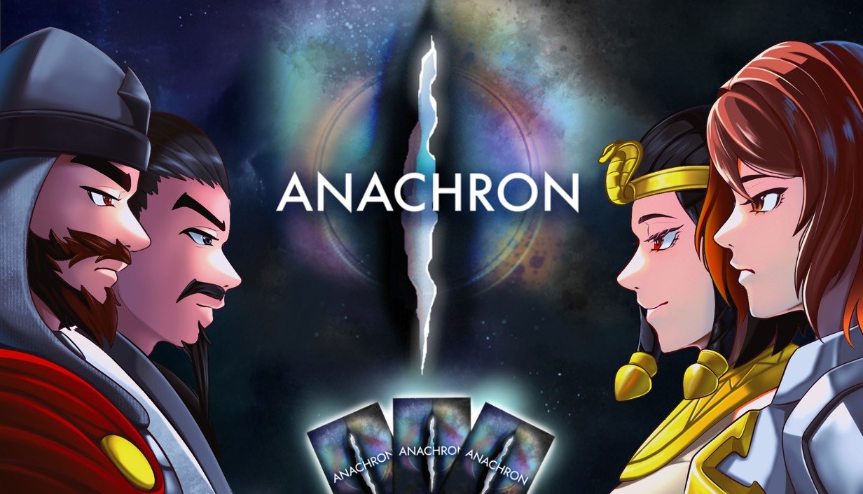 Anachron key art: two rival duos facing off across a rift, with three Anachron cards fanned below