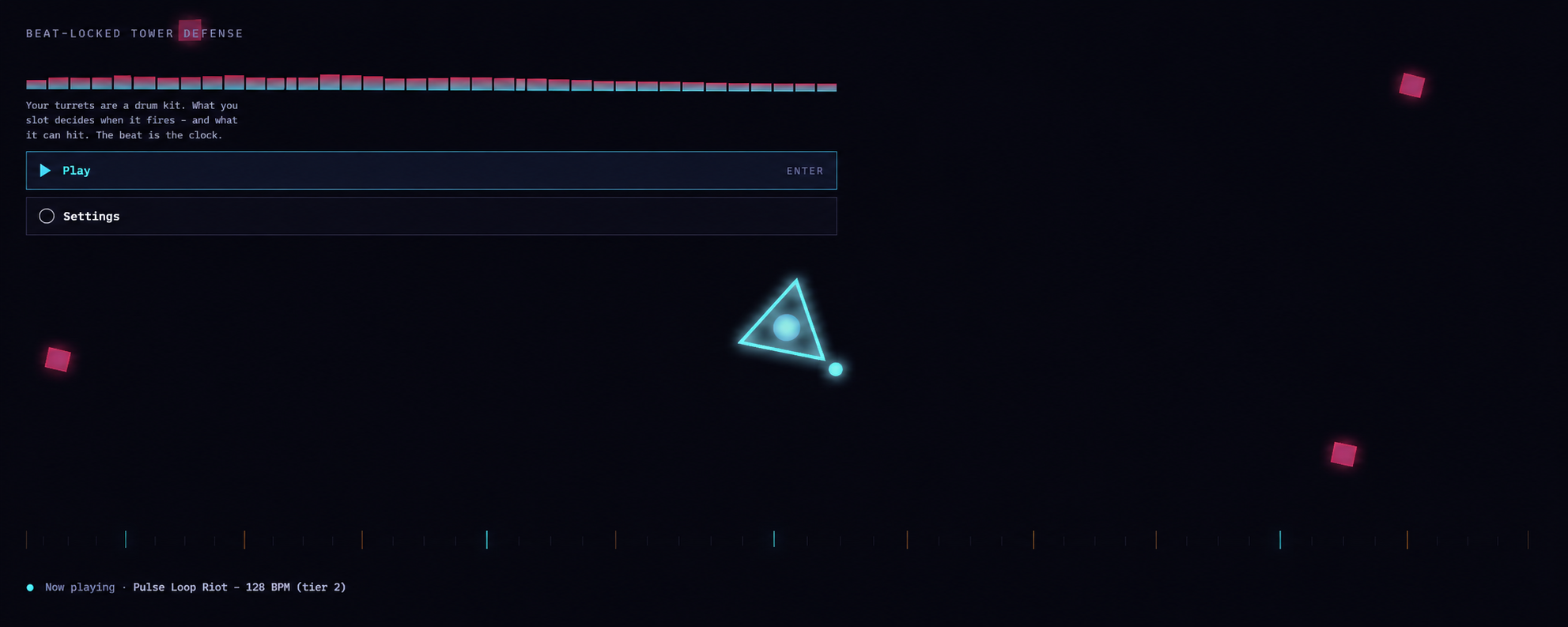 BeatDefender title screen: a lane of drum-kit turrets synced to a beat waveform
