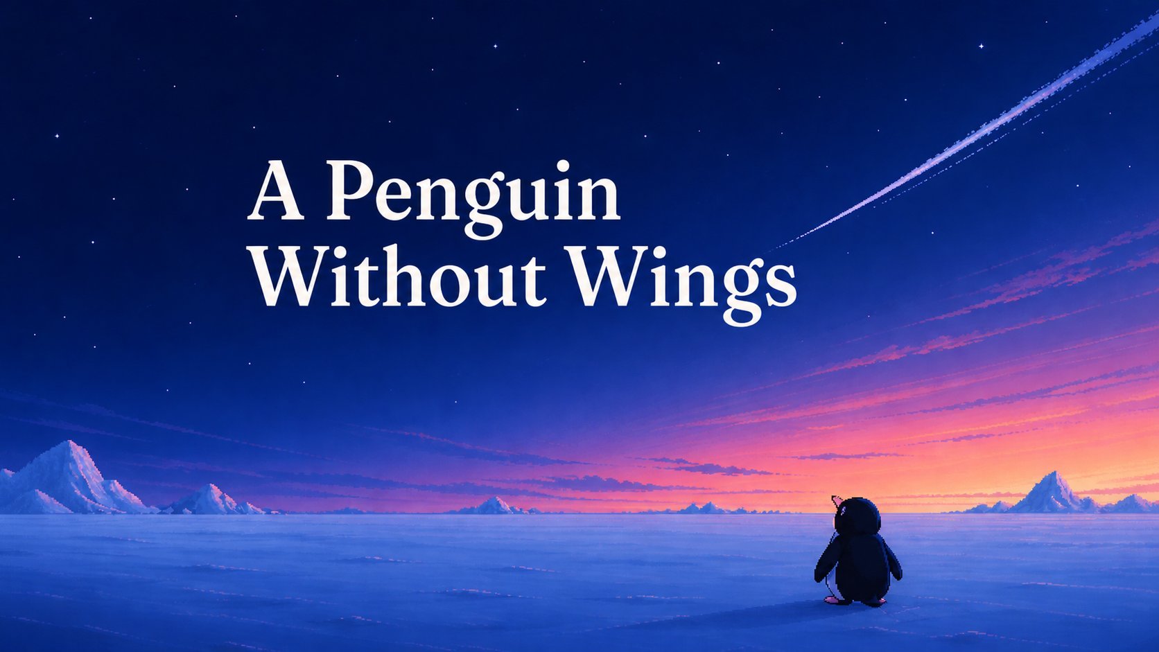 A Penguin Without Wings key art: a penguin looking at a shooting star over a snowy horizon at dusk