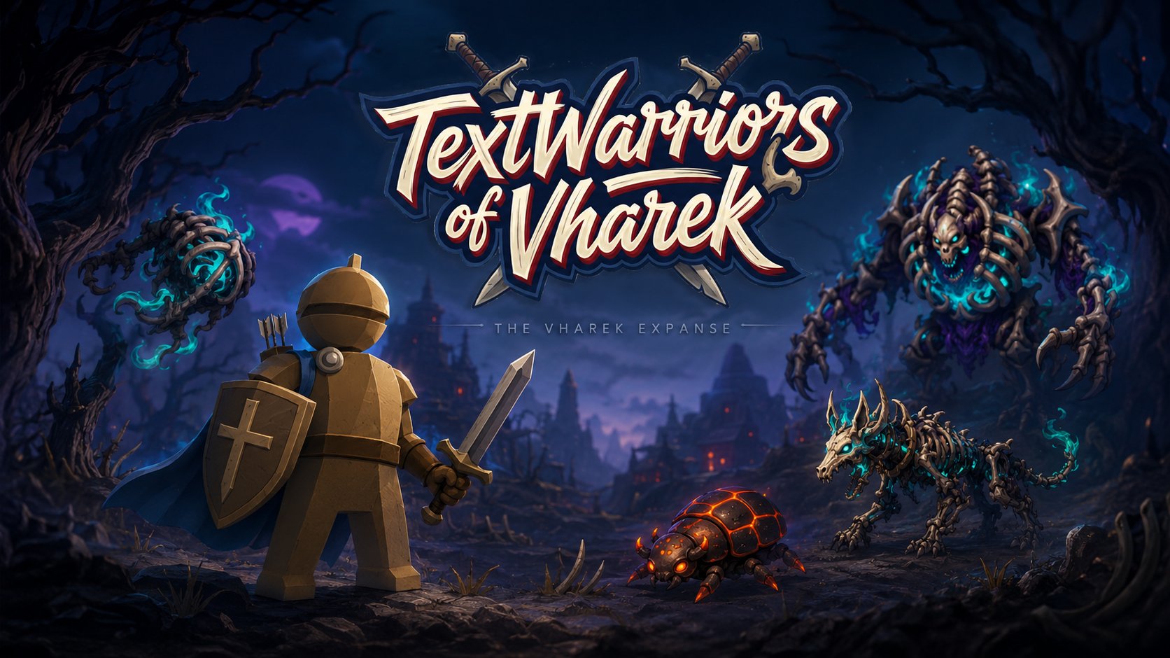 TextWarriors of Vharek key art: a lone warrior facing skeletal creatures in a haunted forest